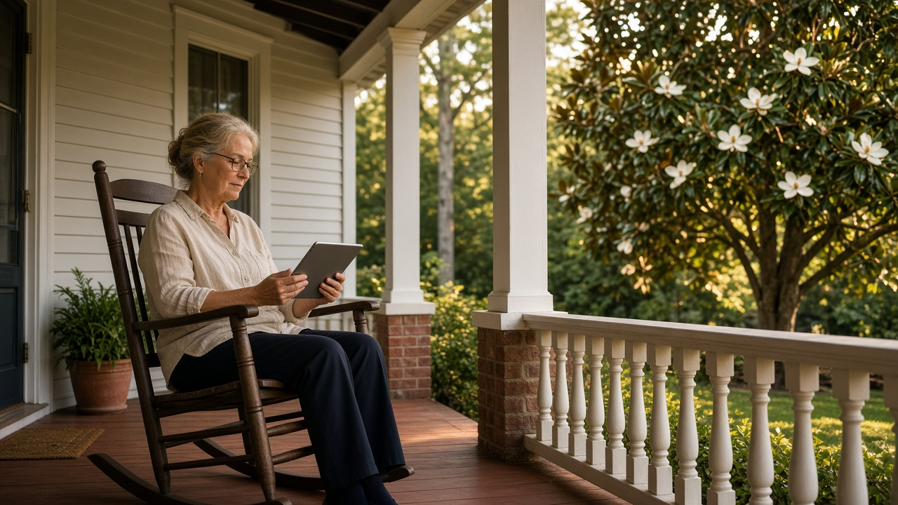 Woman on a Mississippi front porch using a tablet in a rocking chair beside a blooming magnolia
