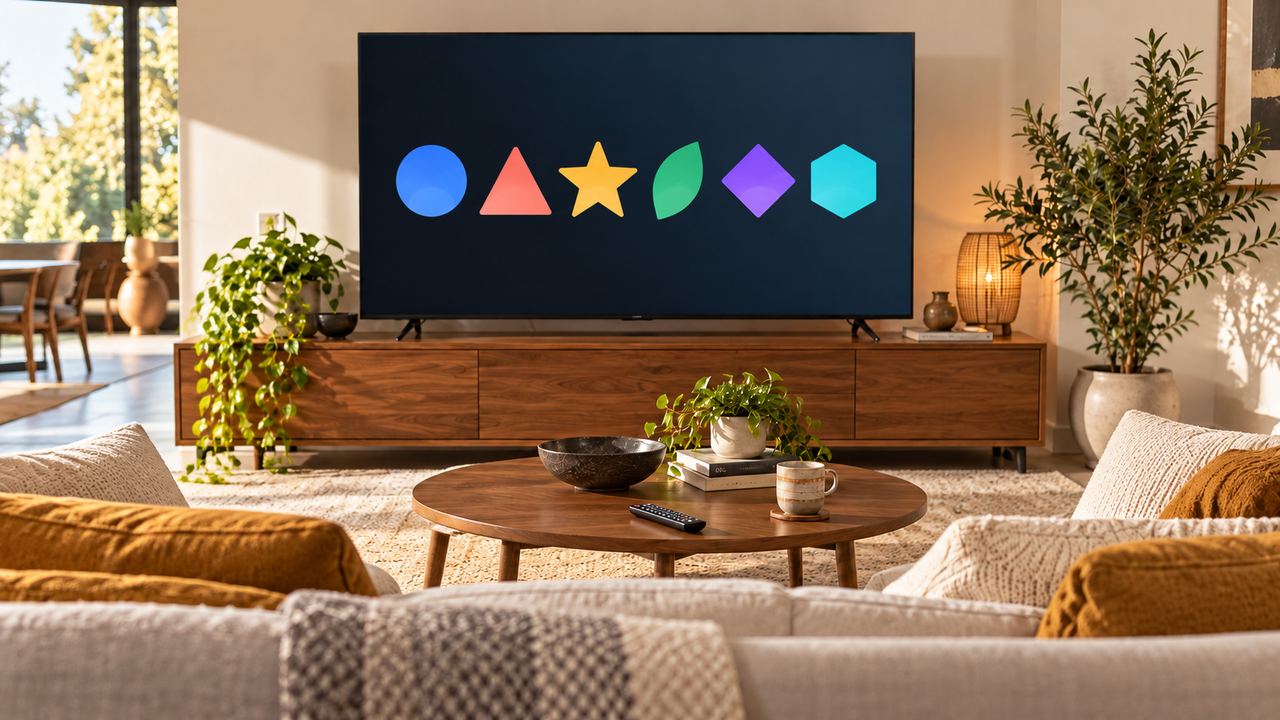Empty living room with six colorful abstract profile emblems on a television