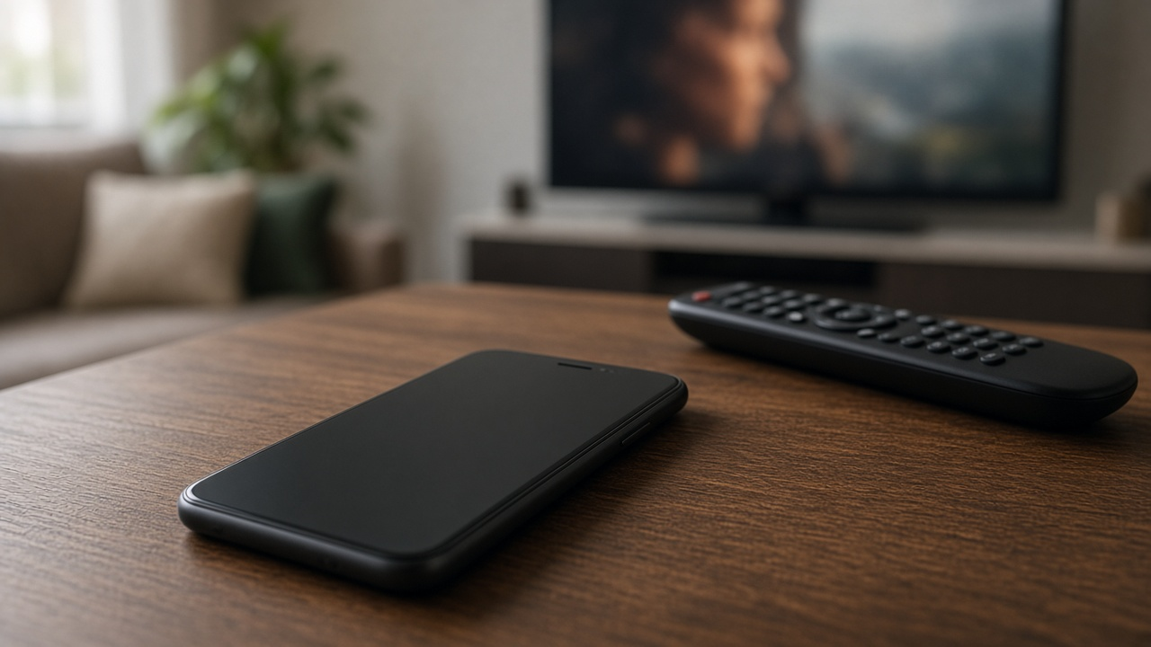 Phone and TV remote on a coffee table in front of a softly blurred television