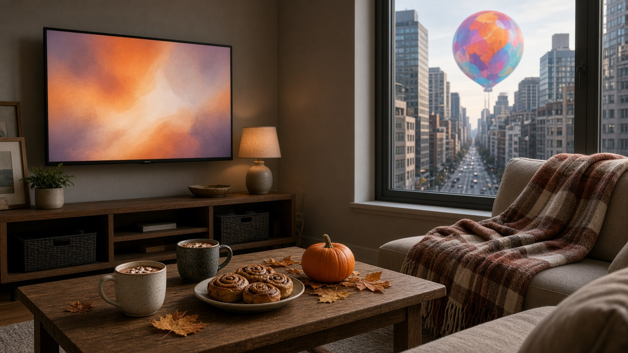 Cozy living room on Thanksgiving morning with a glowing TV, mugs of cocoa, cinnamon rolls, a small pumpkin and a plaid blanket, and a colorful balloon floating above a city avenue outside the window, no people