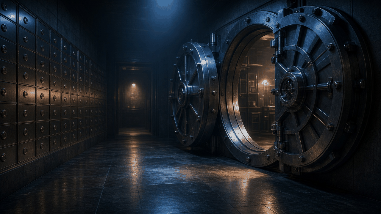 Empty underground bank vault at night with a massive round steel door half open and rows of safe-deposit boxes, no people, no text, no logos