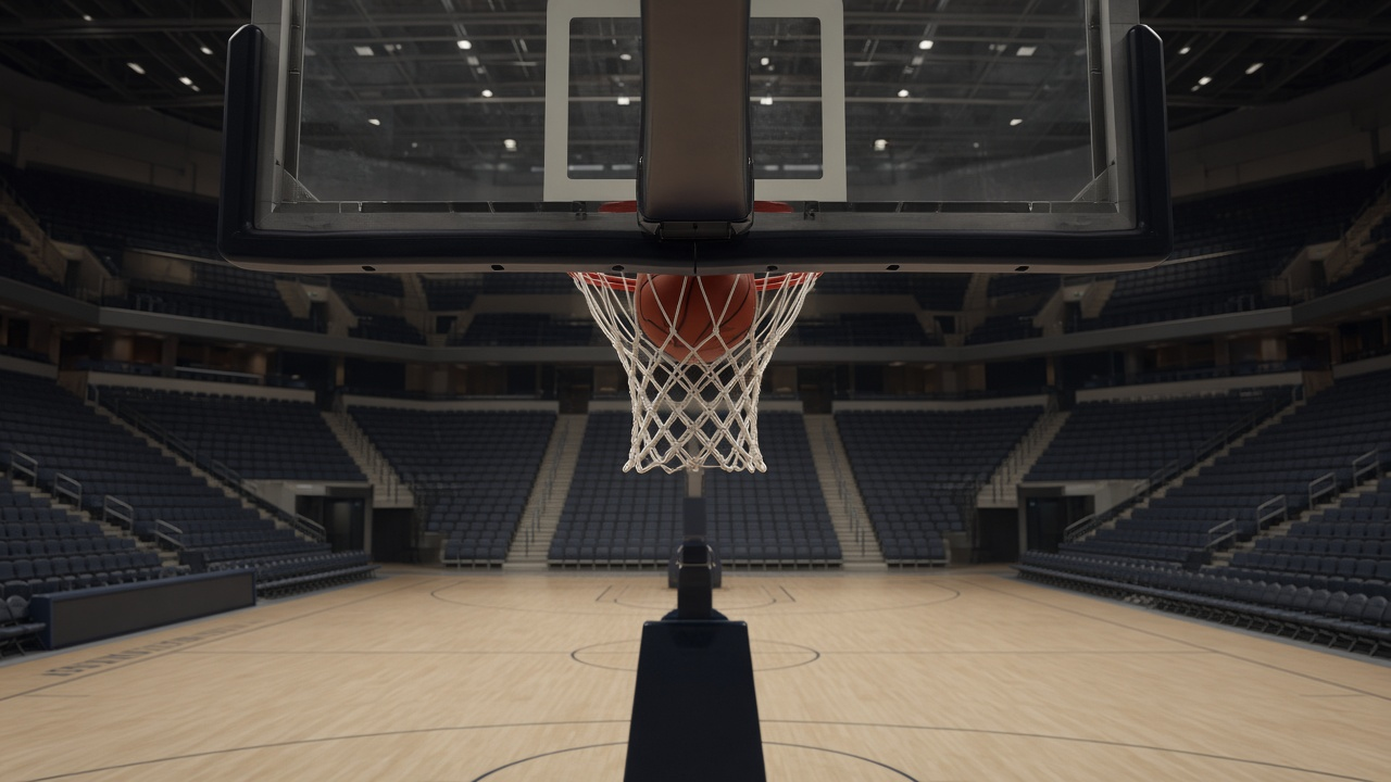 Empty college basketball arena with a polished hardwood court, a hoop and backboard in the foreground, empty seats under bright lights, no people