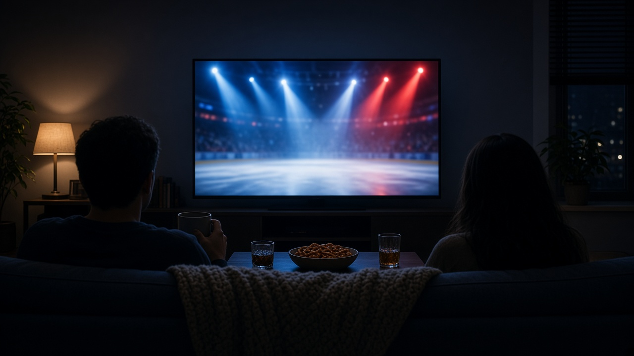 Fans watching a big TV showing a blurred, brightly lit ice rink during an arena pregame light show