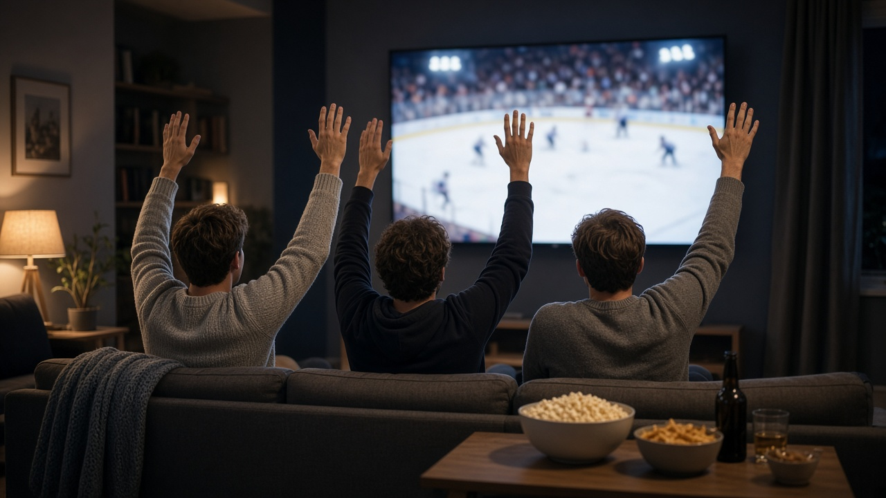 Hockey fans cheering in a living room as a TV shows an out-of-focus ice rink under arena lights