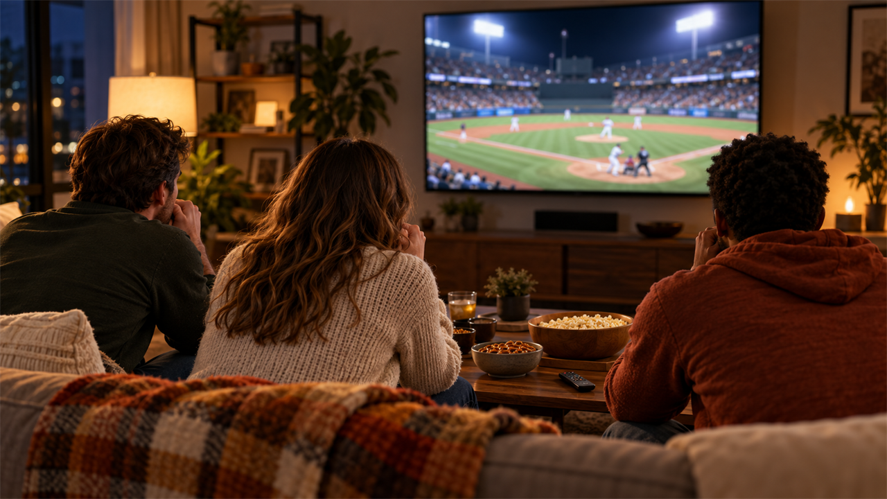 Baseball fans on a sofa leaning toward a large TV showing a blurred night ballpark during a tense playoff at-bat
