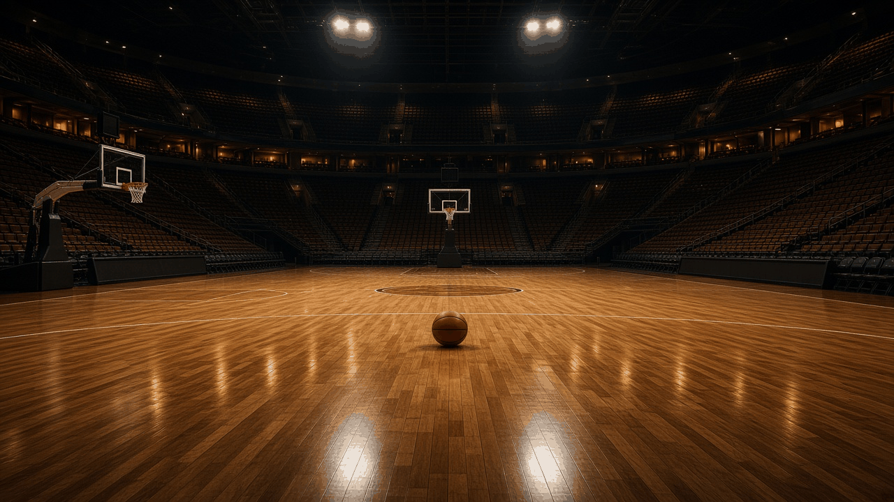 Empty college basketball arena prepared for a doubleheader, with no people, text or logos