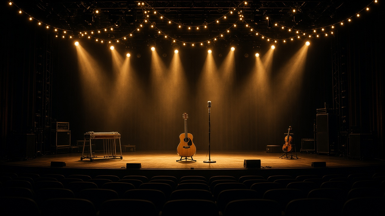 Empty concert arena stage bathed in warm amber spotlights with an acoustic guitar and vintage microphone at center, a pedal steel guitar and fiddle at the sides, string lights overhead and empty seats in the foreground, no people