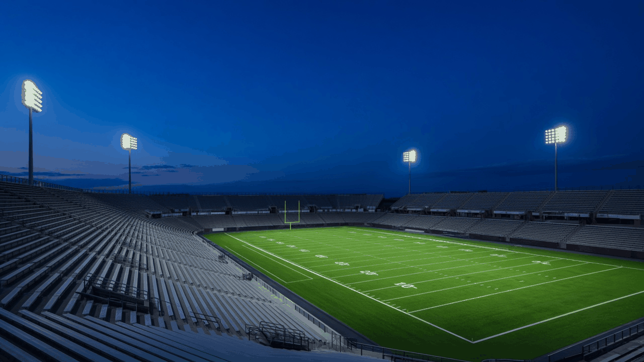 College football field beneath television studio lights with a remote in the foreground, with no people, text or logos