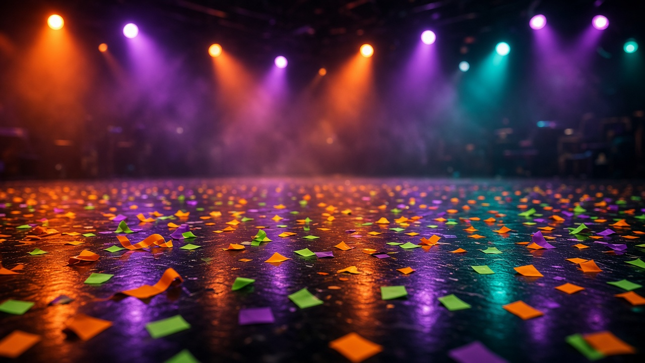Empty glossy black stage floor covered in orange, green and purple confetti and streamers under colorful spotlights and haze, no people