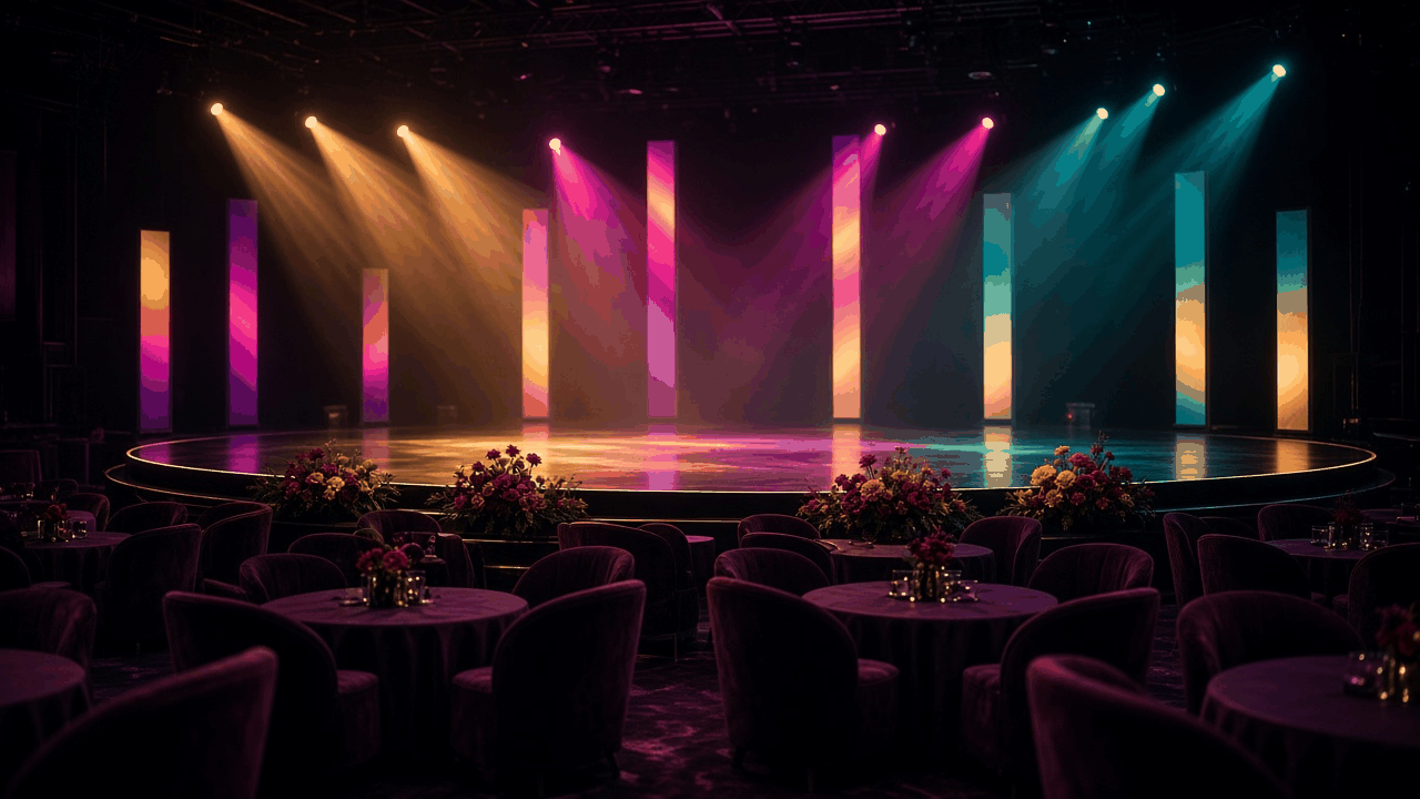 Empty awards-show arena before the Latin music awards in Las Vegas, with a glossy round stage, magenta, gold and teal spotlights in haze, glowing light columns, red and orange flower arrangements and empty velvet seats at round tables, no people