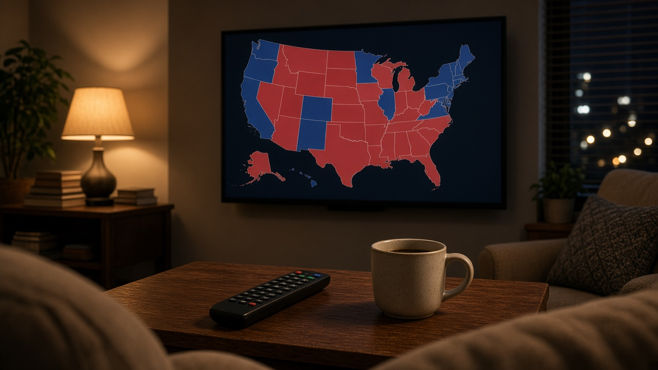 Living room television showing an illustrated election results map