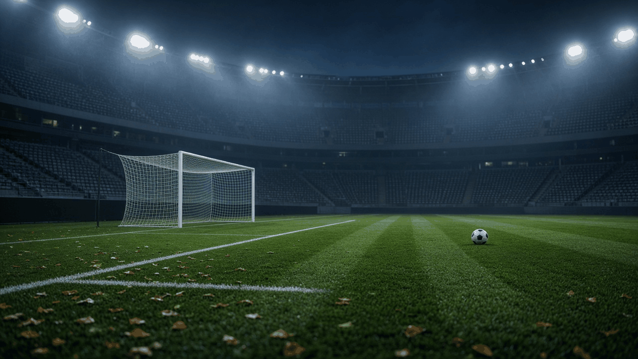 Empty floodlit soccer stadium on a misty late-autumn night with a white goal net, a soccer ball on the penalty spot, a striped green pitch and fallen leaves by the touchline, no people