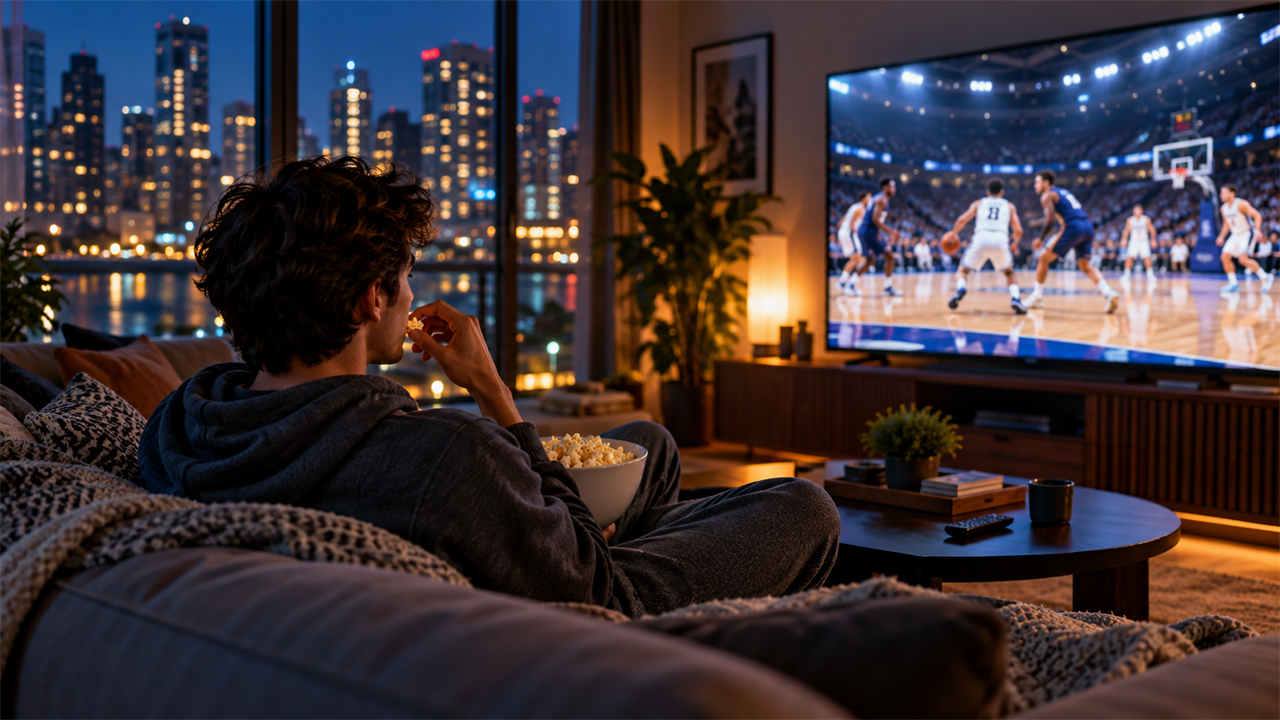 Basketball fan on a couch watching a preseason game on a big TV in a modern apartment at night
