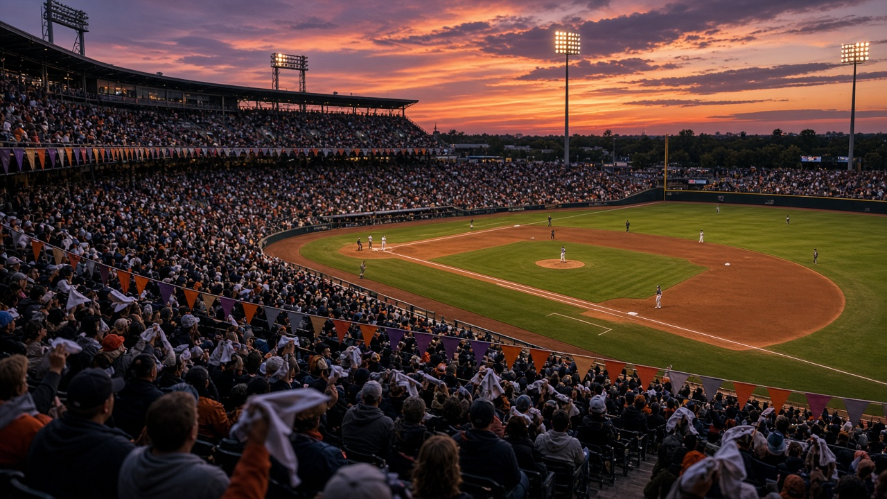 Packed open-air ballpark at dusk during an October playoff game, seen from the upper deck down the third-base line