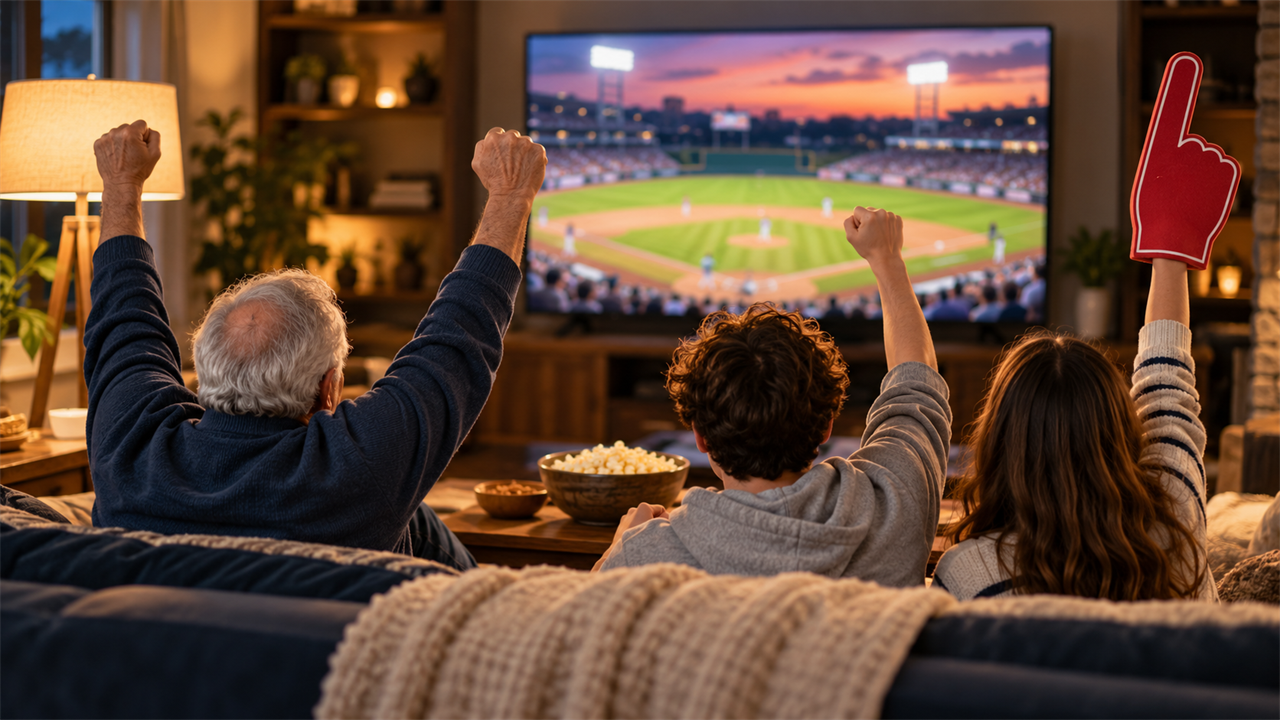 Family in a den cheering at a big-screen TV showing a blurred ballpark during an evening playoff game