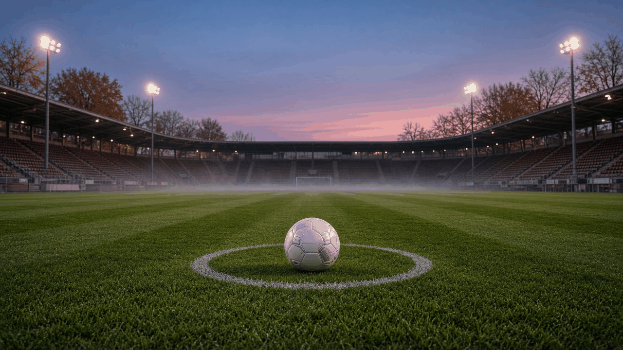 Soccer ball on the center spot of a striped green pitch in an empty stadium at dusk, with floodlights switching on, a pink and violet sky, low haze over the grass and bare autumn trees beyond the stands, no people