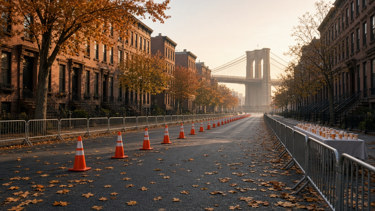 Empty tree-lined New York City avenue at sunrise on marathon morning, with orange cones, metal barriers, a water table of paper cups and a suspension bridge in the distance, no people