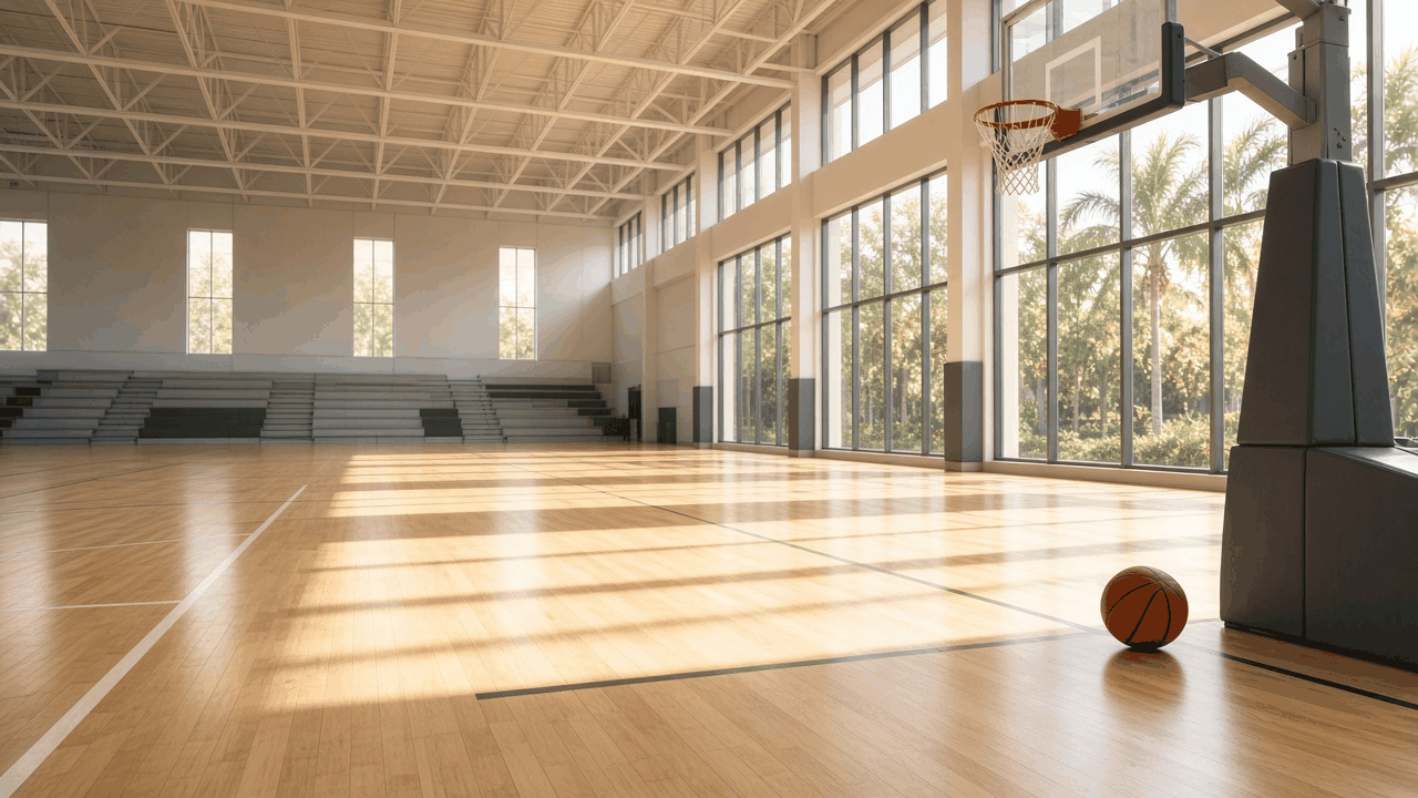 Empty women’s college basketball court set for a tournament, with no people, text or logos