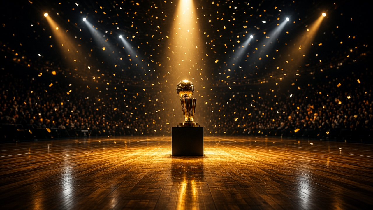 Gold championship trophy on a pedestal at center court, lit by spotlights with confetti falling over a polished hardwood floor and a dark crowd