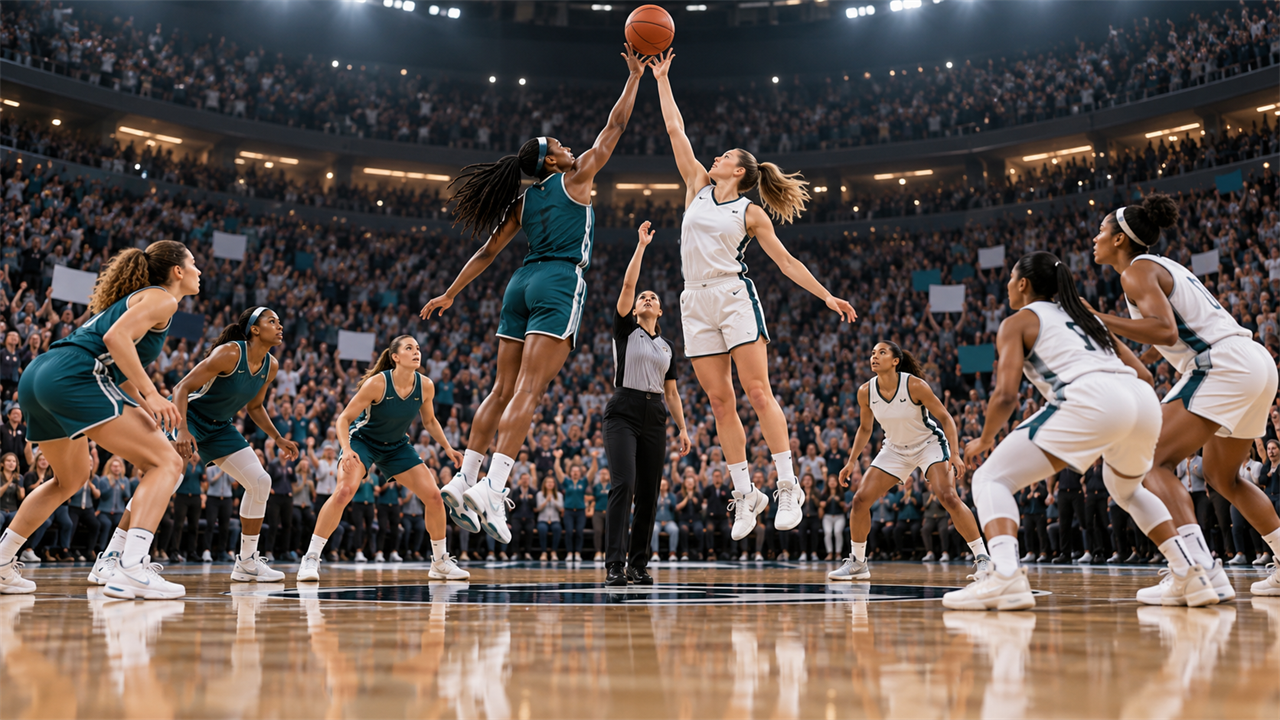 Packed arena with women's pro basketball players contesting a jump ball under bright lights