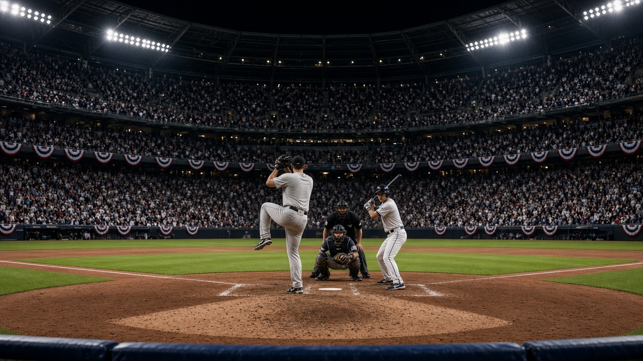 Baseball pitcher mid-windup facing a batter at home plate in a packed stadium at night, with red, white and blue bunting on the upper deck