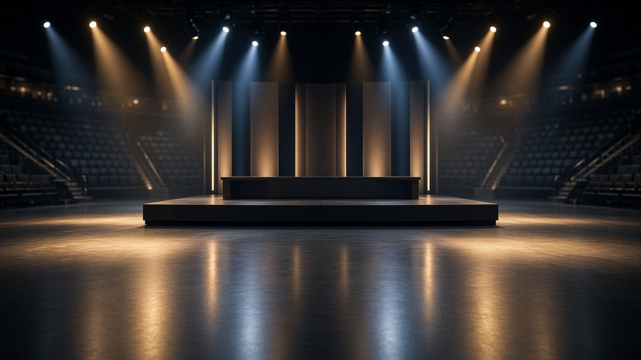 Empty modern indoor event stage with soft polished floor lights and empty seats, no people, logos or text