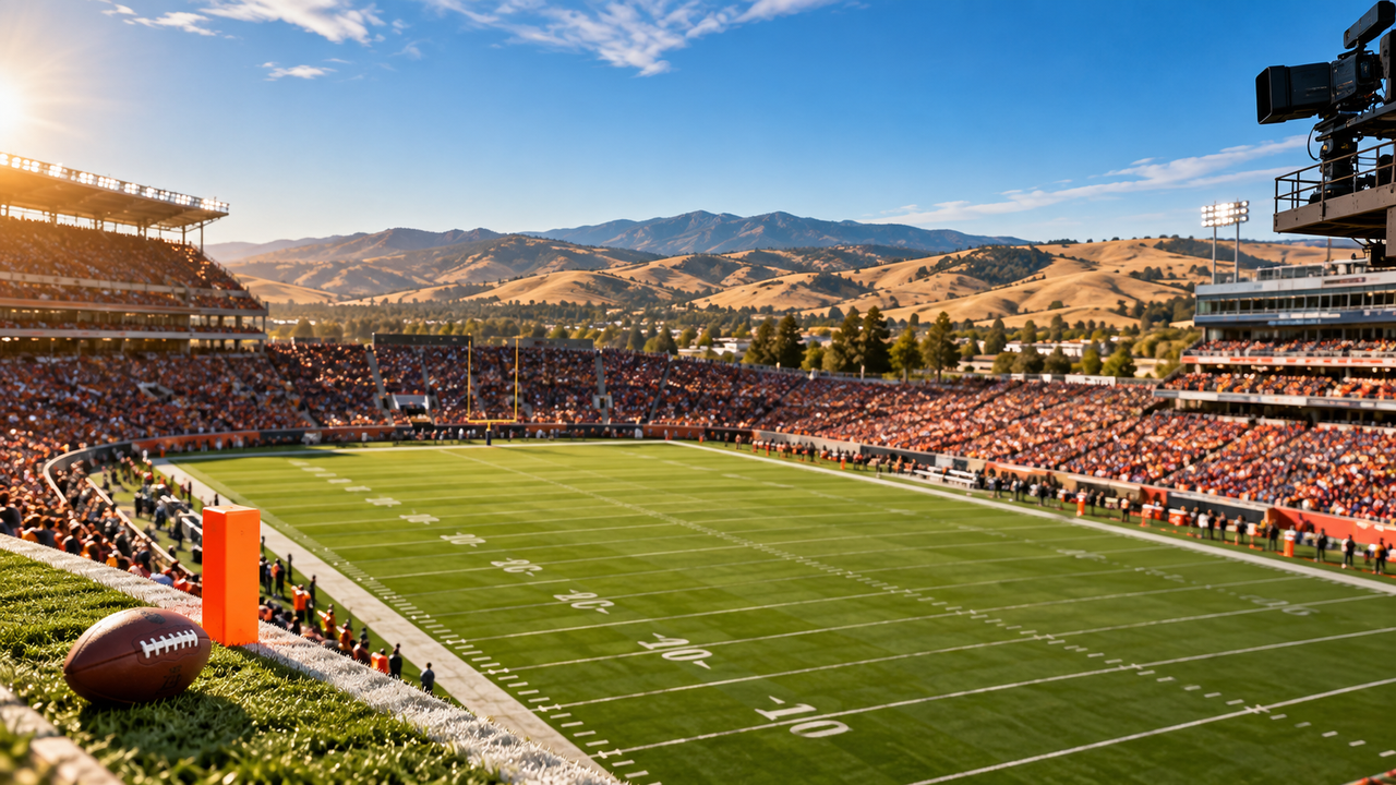 Sunny outdoor football stadium with golden California hills beyond the stands