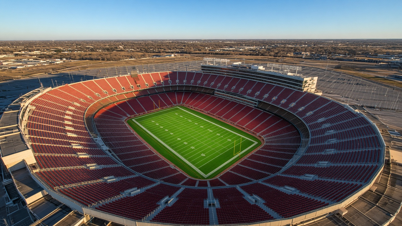 Bowl-shaped open-air football stadium under a clear cold winter sky at late afternoon, no people