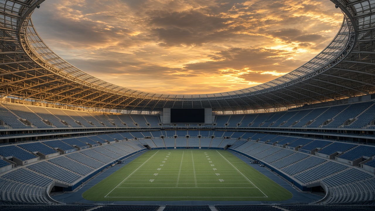 Empty domed football stadium with the roof open to a golden sky and rows of empty seats, no people