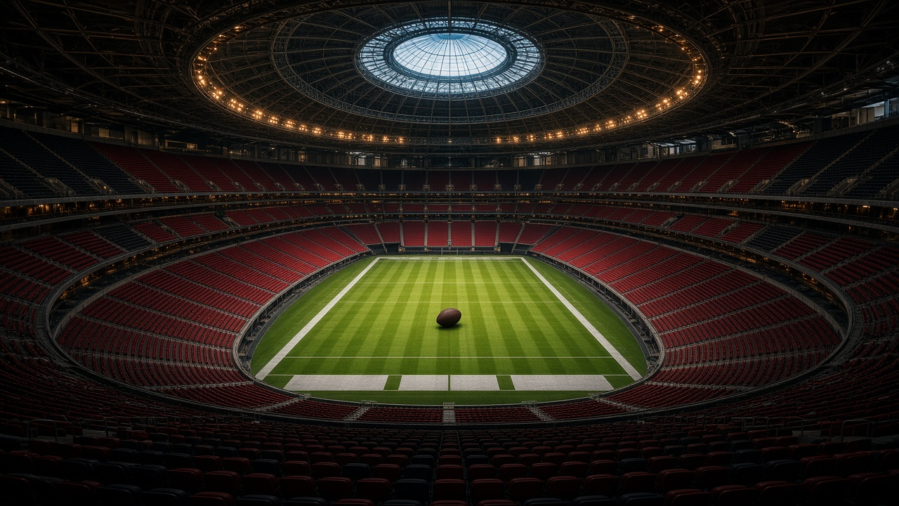 Empty domed football stadium with a ring-shaped translucent roof, empty red and black seats and a football on a kicking tee at midfield