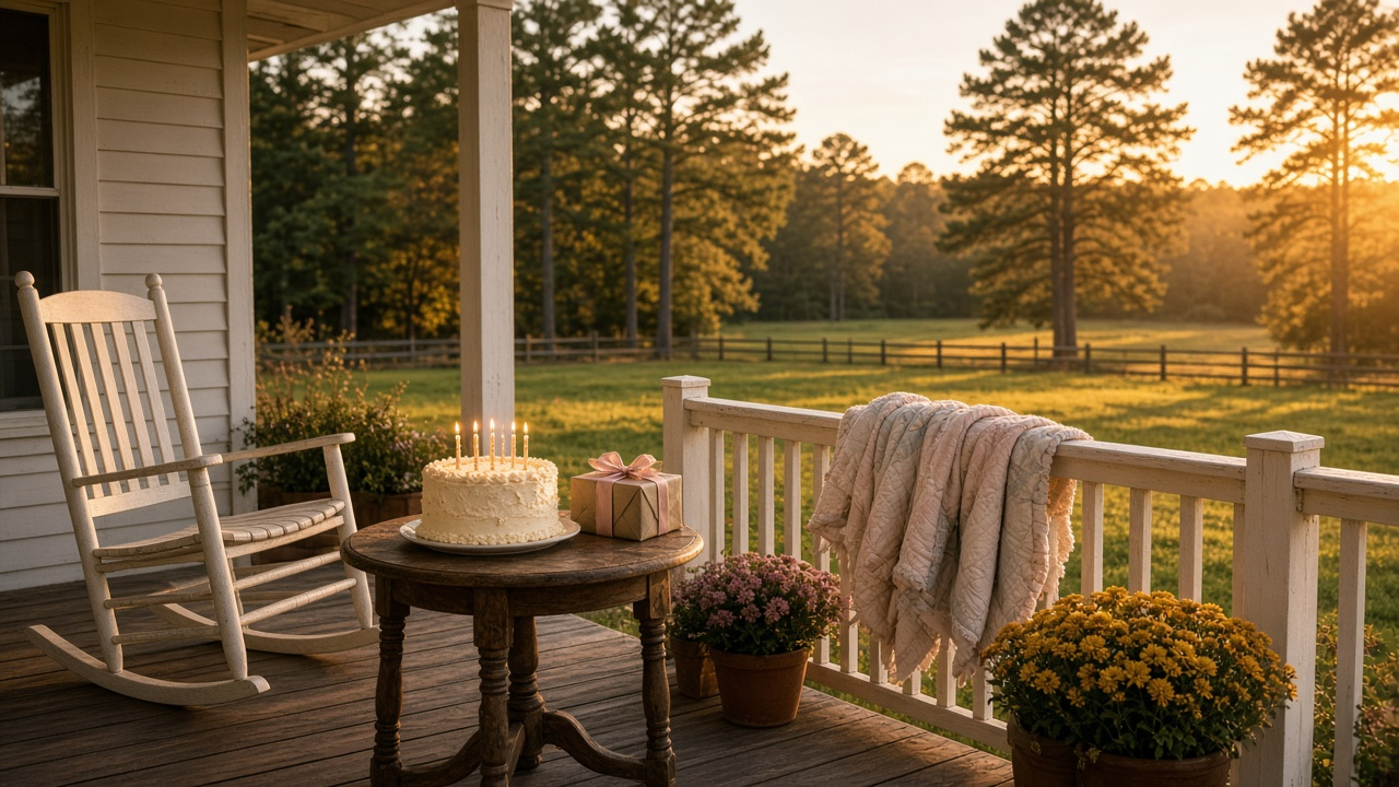 Cozy rural Georgia farmhouse porch at golden hour with a rocking chair, a wrapped gift box, a birthday cake with lit candles and a baby crib blanket draped on the railing