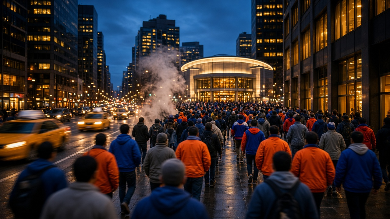 Basketball fans in orange and blue crowding a Manhattan sidewalk at night outside a glowing arena, with taxis streaking past