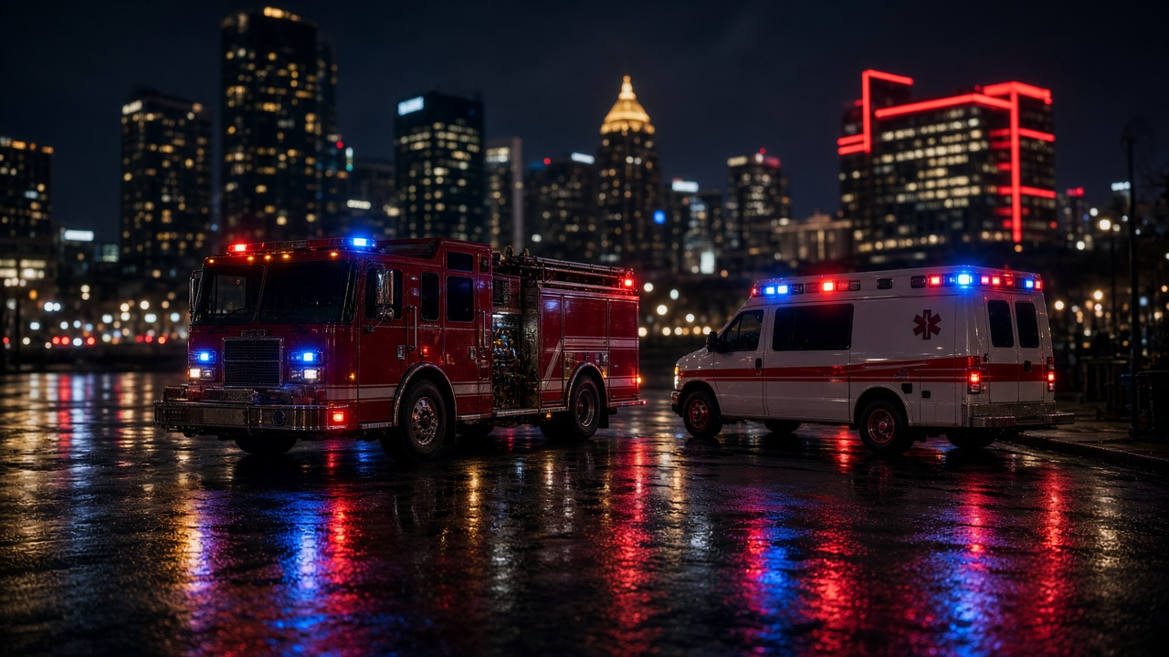 Fire truck and ambulance with lights flashing against a city skyline at night
