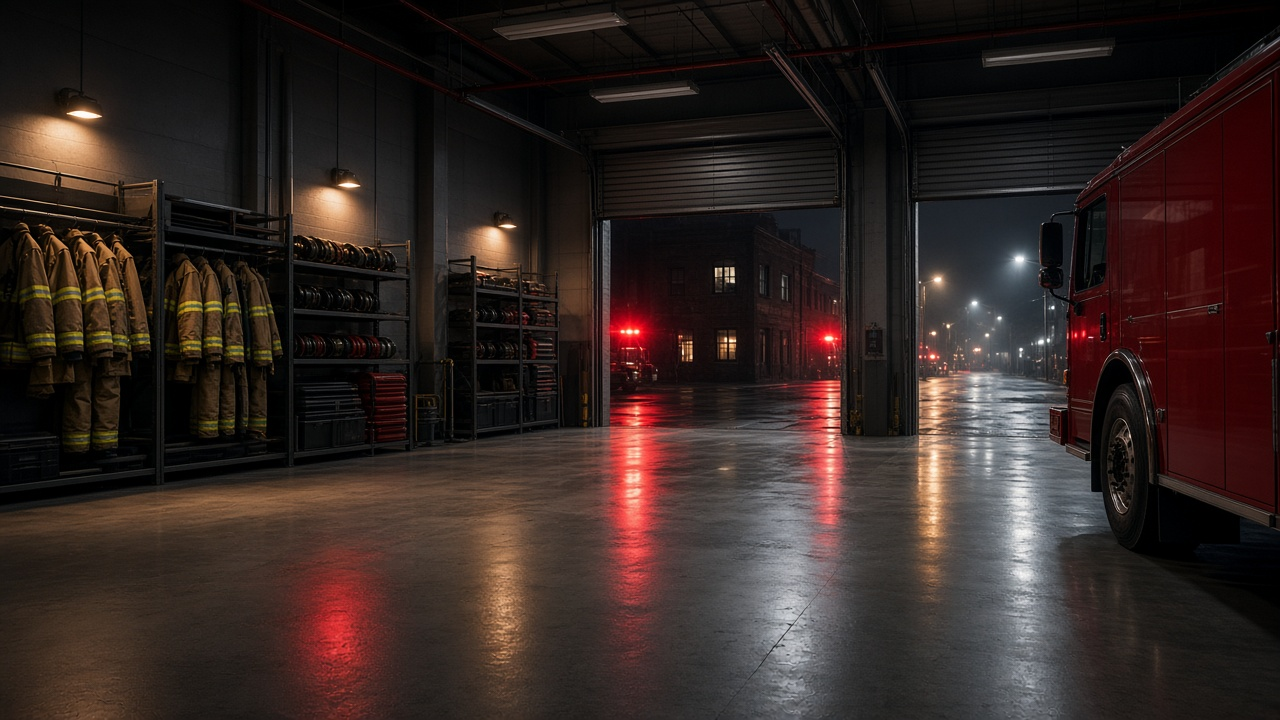 Empty fire station apparatus bay at night with soft red and amber lights reflecting on a polished concrete floor, no people