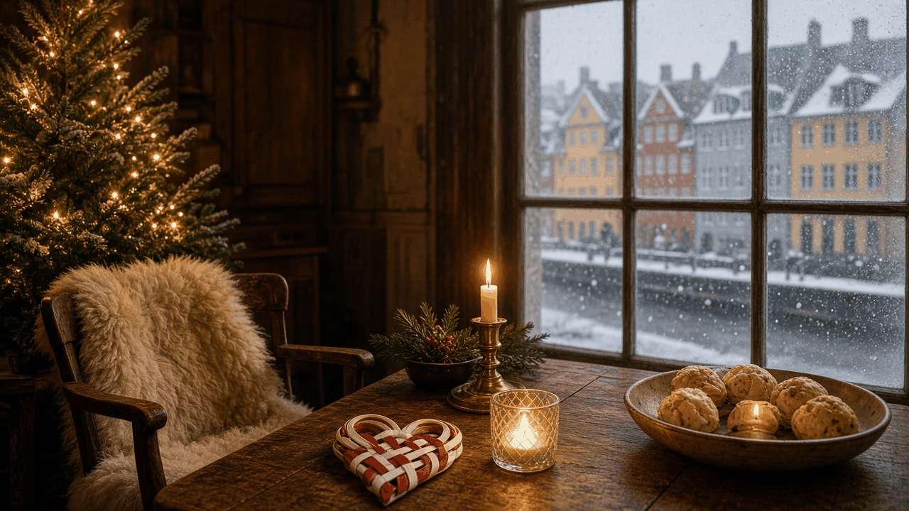 Snowy Copenhagen street beside a warmly lit inn decorated for Christmas, with no people, text or logos