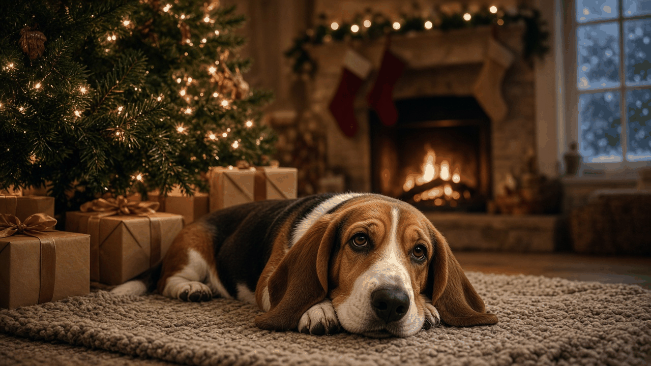 Basset hound resting on a knitted rug beside a lit Christmas tree and wrapped gifts, with a glowing fireplace and snowy window behind, no people, no text, no logos