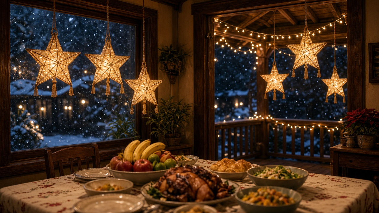 Glowing star lanterns hang over a holiday dinner table as snow falls outside the window