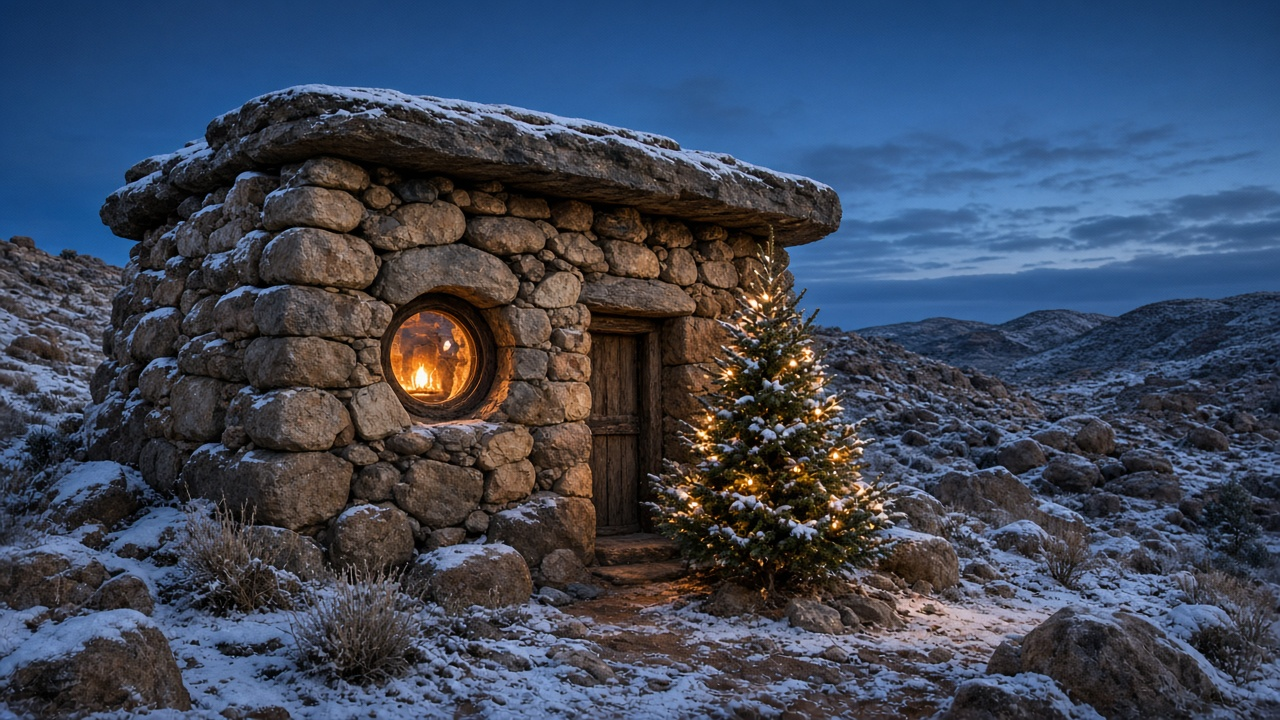 A snow-dusted stone-age boulder house at dusk with firelight in a round window and a lit evergreen tree beside the door