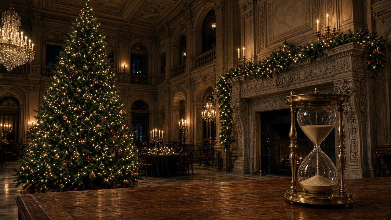 Candlelit great hall of a grand mansion with a tall decorated Christmas tree, a garland-draped stone fireplace and an antique hourglass, no people