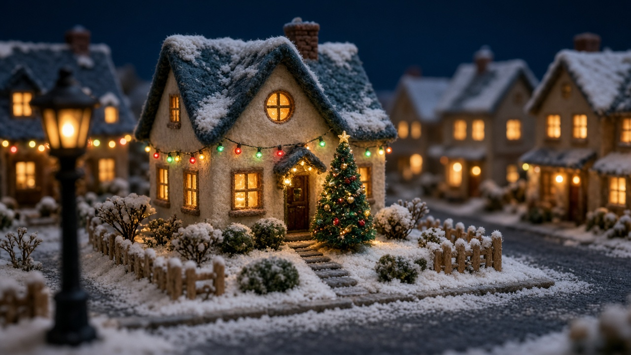 A snowy miniature handcrafted street at night with a felt cottage wrapped in colorful Christmas lights and a small decorated tree in the front yard