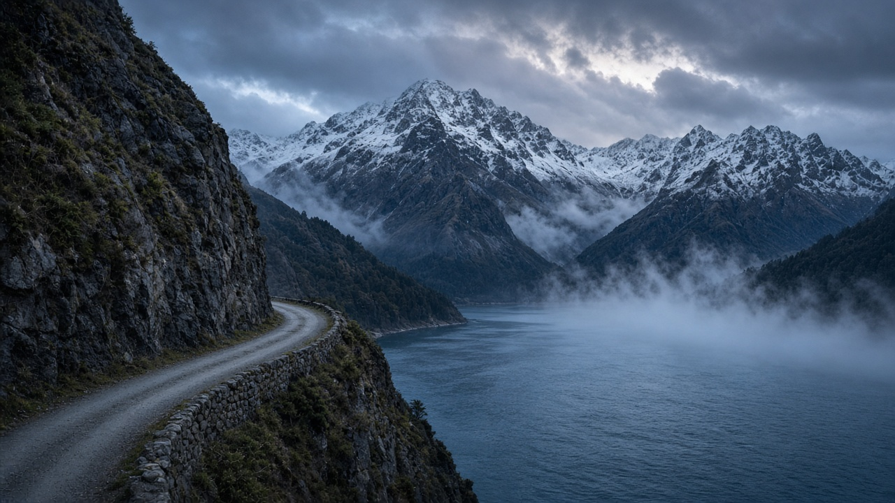 Gravel road along a cliff above a misty alpine lake with snow-capped mountains in New Zealand