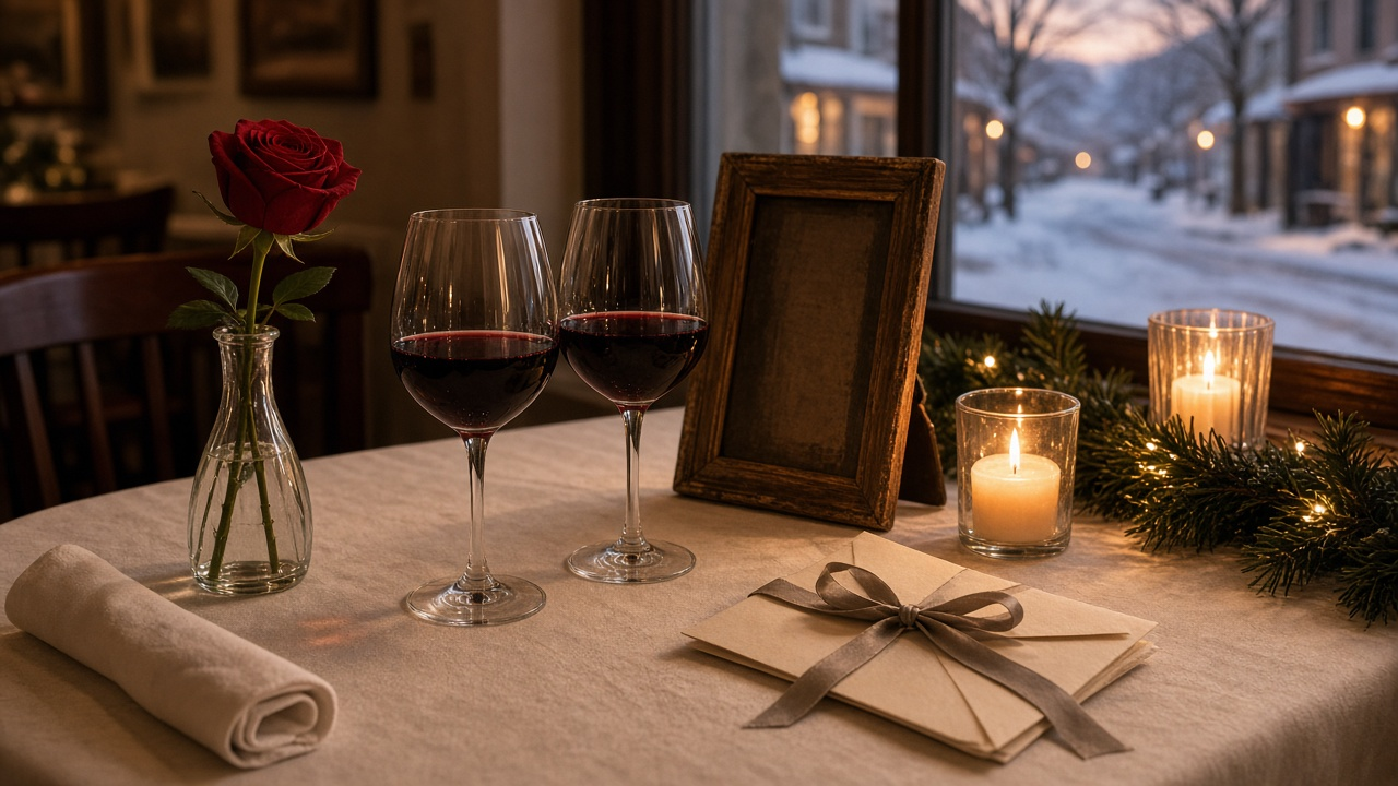 Candlelit Christmas restaurant table for two with a red rose, wine glasses and a ribbon-tied card, no people