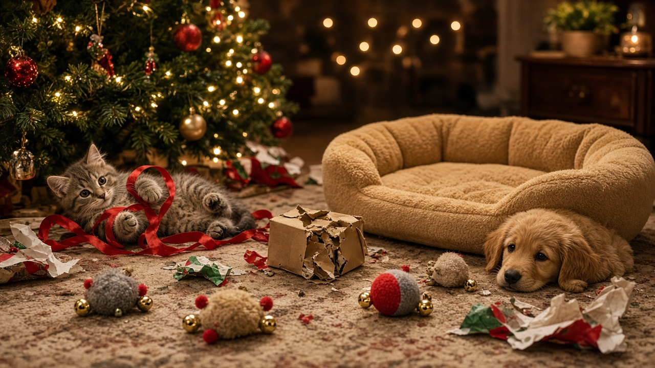 A kitten tangled in red ribbon beside a lit Christmas tree, a puppy resting near a plush pet bed, a chewed gift box and jingle-bell toys on a rug