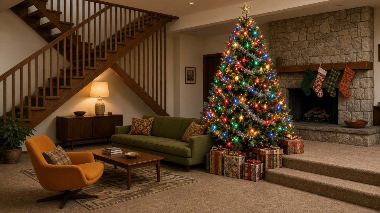 An empty 1970s split-level living room decorated for Christmas, with an open wood staircase, mid-century orange and green furniture, a tinsel tree with colored bulbs and stockings on a stone fireplace