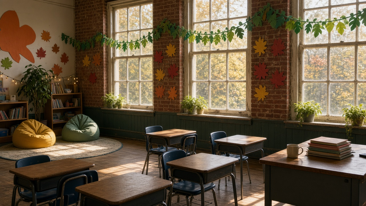 Sunlit elementary school classroom with paper decorations, small desks and a cozy reading corner, empty before the first bell