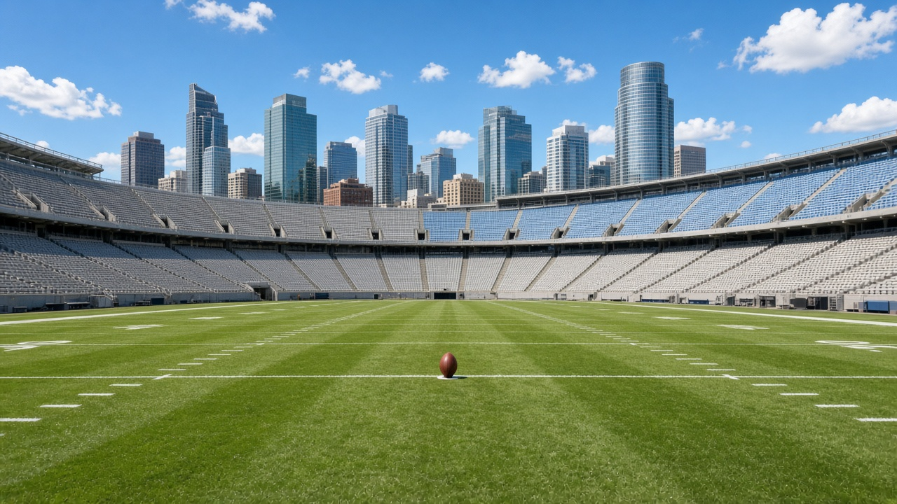 An empty open-air football stadium under a blue sky with a city skyline behind it and a football on a tee at midfield