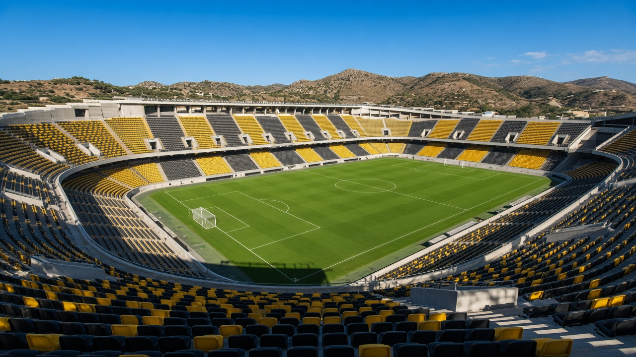 Empty modern football stadium with yellow and black seats and a green pitch in bright sun, no people