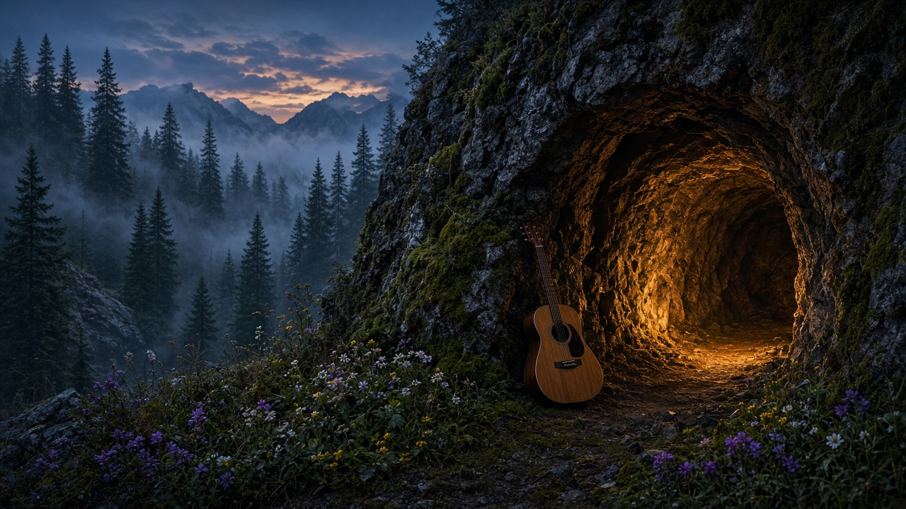 Acoustic guitar leaning inside a glowing mountain cave entrance surrounded by wildflowers and misty pines at dusk