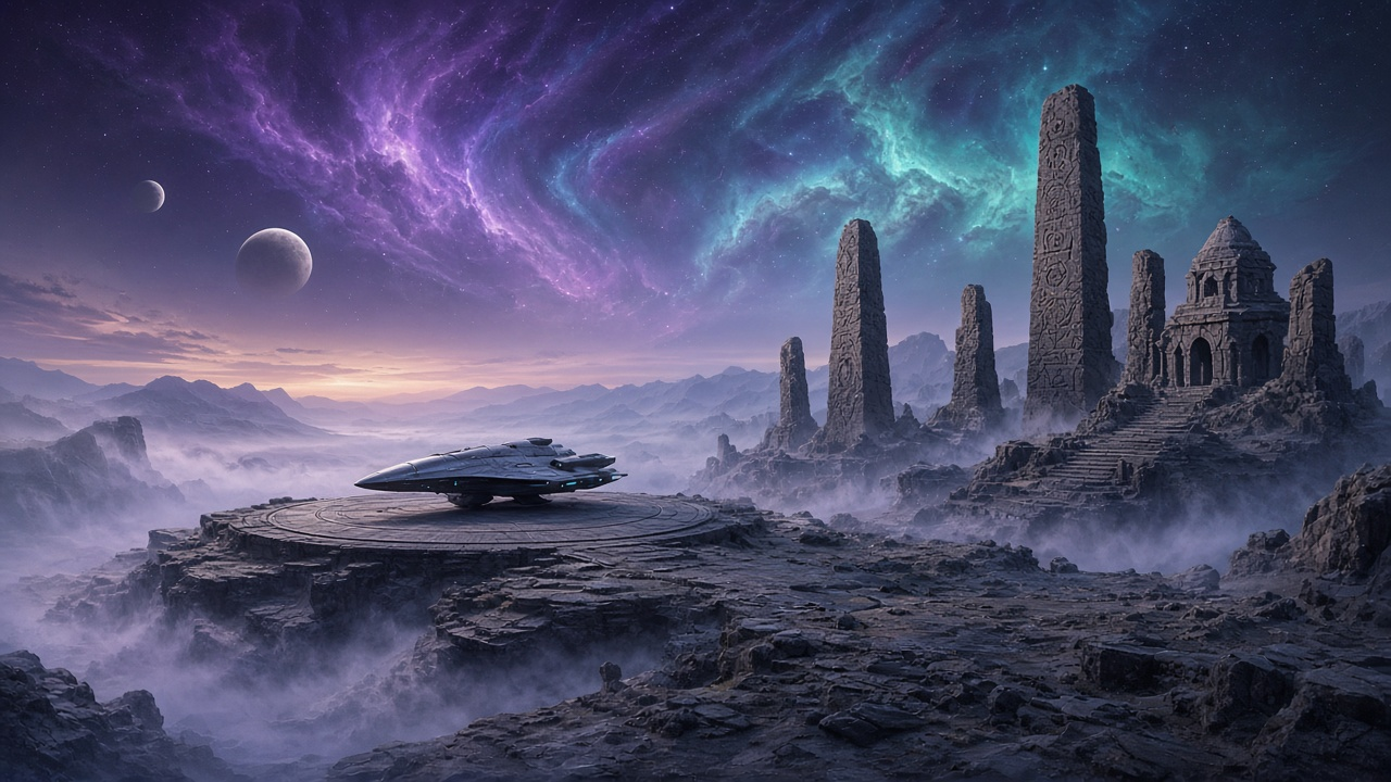 Misty alien planet at twilight with carved stone monoliths, a ruined temple and a small starship on a stone landing platform under a purple nebula sky
