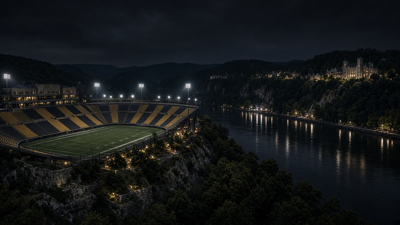Empty hillside football stadium at night above a river with bright lights over the field, no people